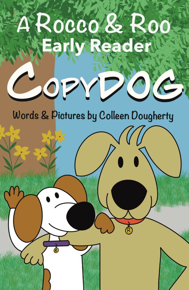 Two cartoon-like dogs standing on a path with a tree behind them. 