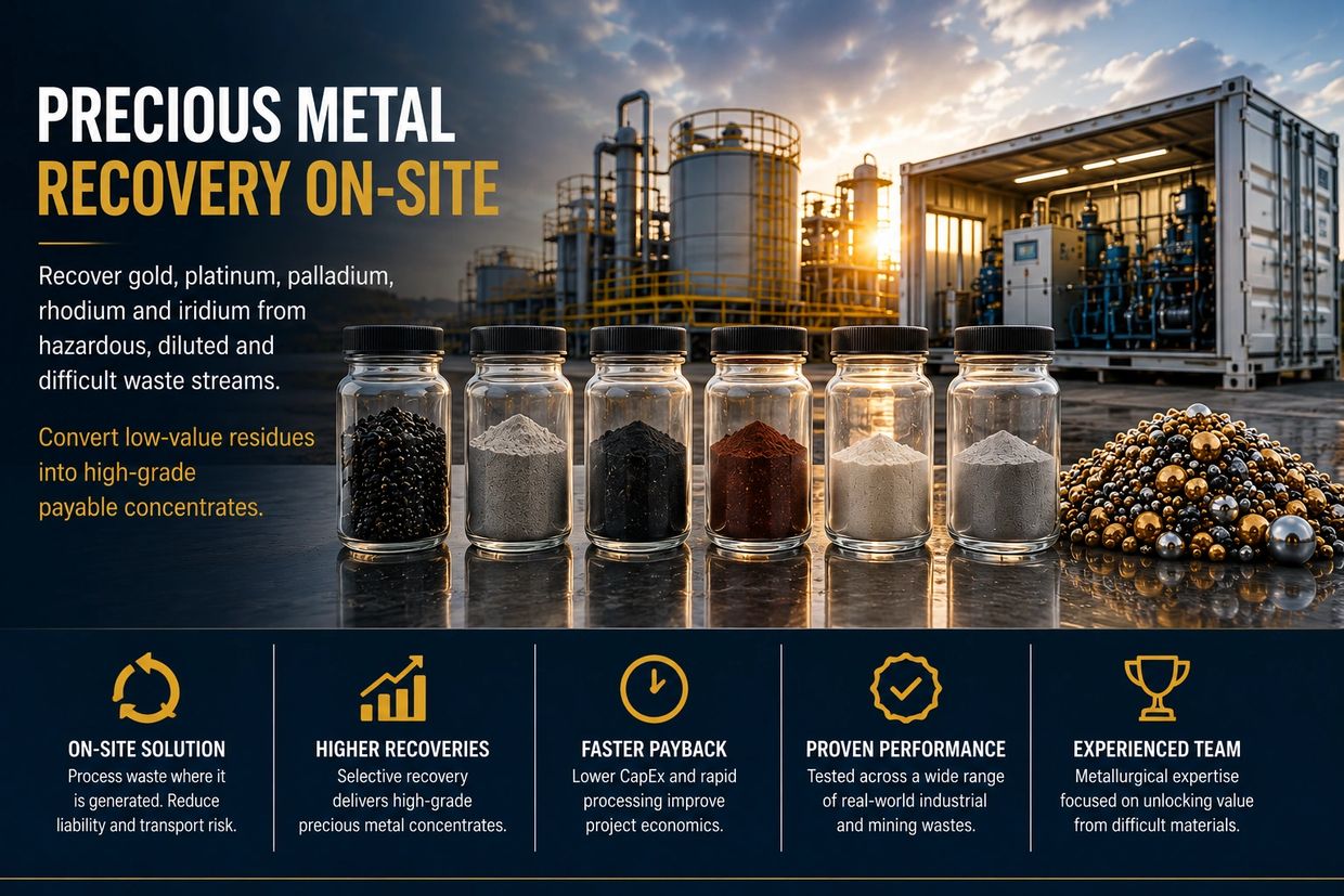 Precious metal recovery on-site from hazardous waste streams with high-grade concentrates.