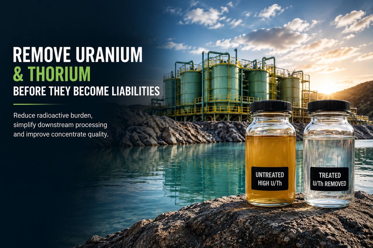 Industrial facility by a water body with jars showing untreated and treated uranium/thorium samples.