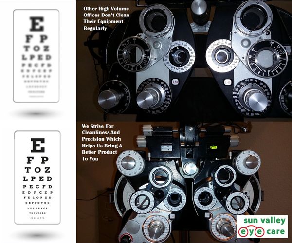Phoropter eye exam instrument beside a Snellen eye chart with letter rows