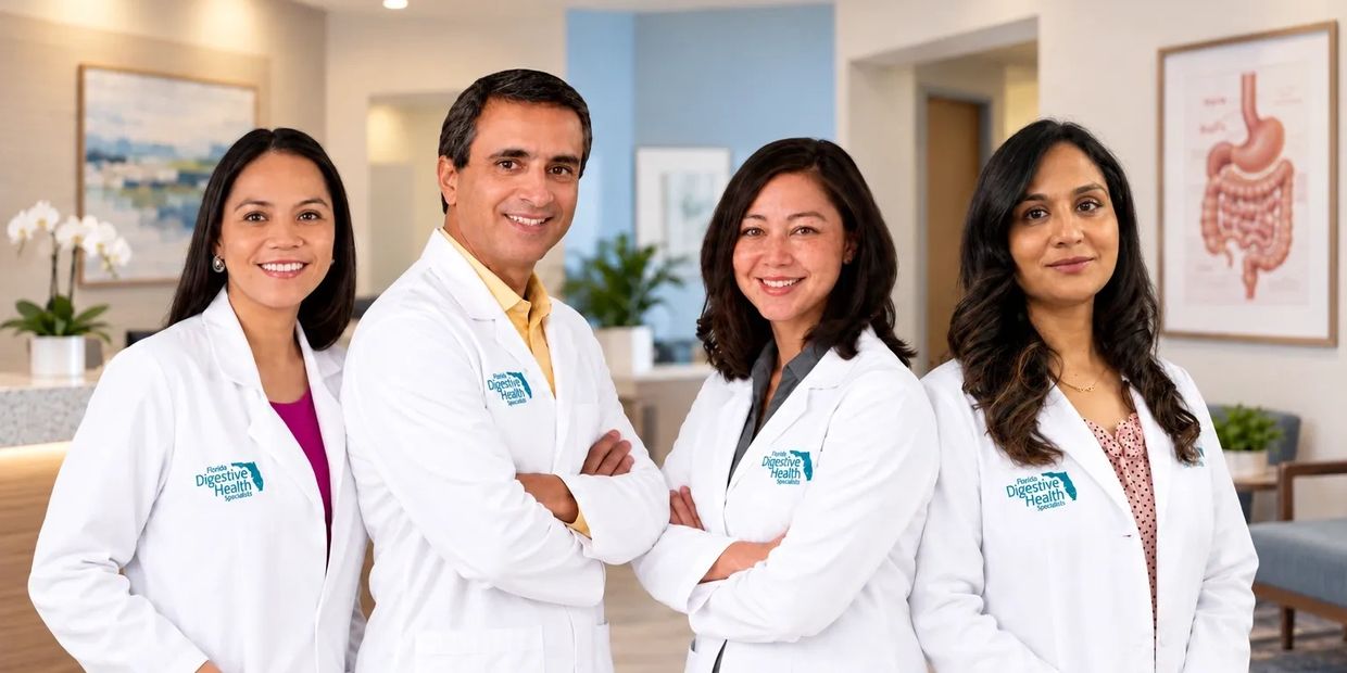 A team of four healthcare professionals in white coats smiling.