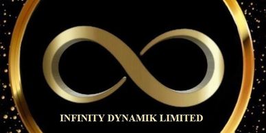 Gold infinity symbol with company name on black background.