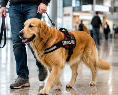 Golden retriever wearing a service dog vest walking indoors.