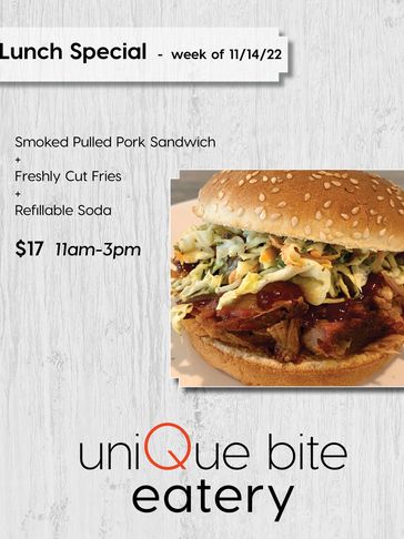 Lunch special featuring a smoked pulled pork sandwich with fries and soda for $17.
