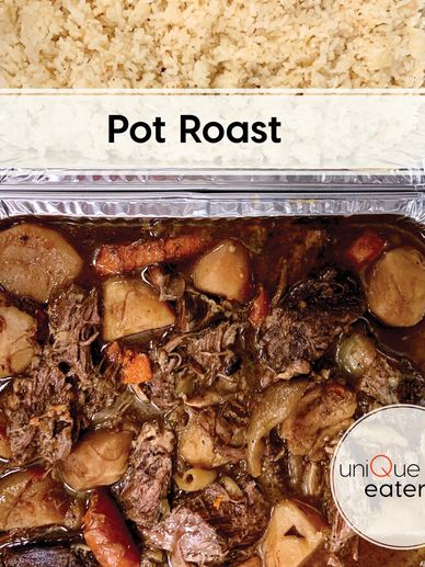 Hearty pot roast with vegetables and rice.