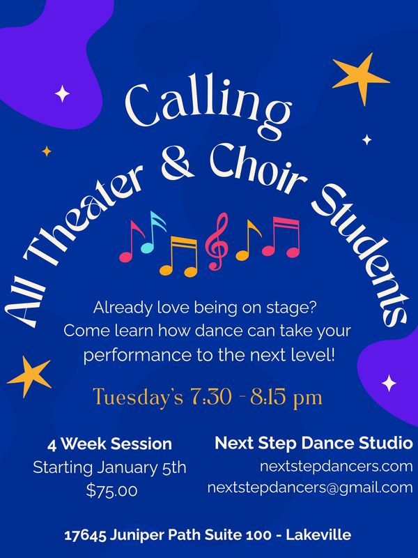 Dance class invitation for theater and choir students on Tuesdays.