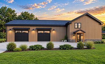 Custom Barndominium with metal roof and siding, concrete driveway and natural stone 