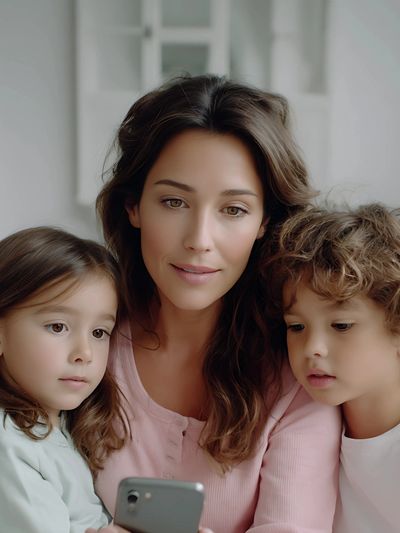 A mother and her two children looking at a smartphone together.