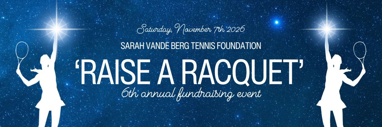 Tennis-themed fundraising event announcement under a starry night.