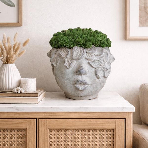 Handmade natural home deco in concrete face with natural moss. Moss Cyprus