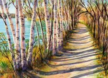 Birch Corridor title of watercolor painting with birches, a lake and a trail.