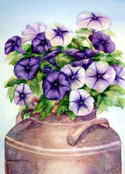 Purple and white flowers arranged in a rustic vase.