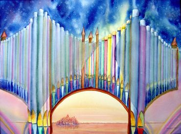 Surreal, abstract painting in watercolor of an organ pipe and the ocean.