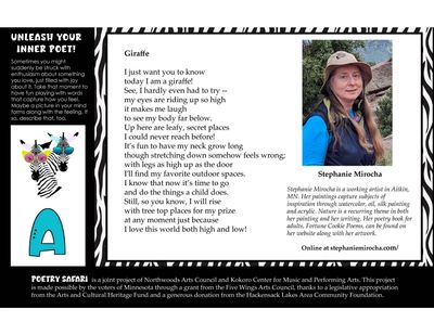 Poetry shirt featuring a whimsical giraffe poem and illustration by Stephanie Mirocha.
