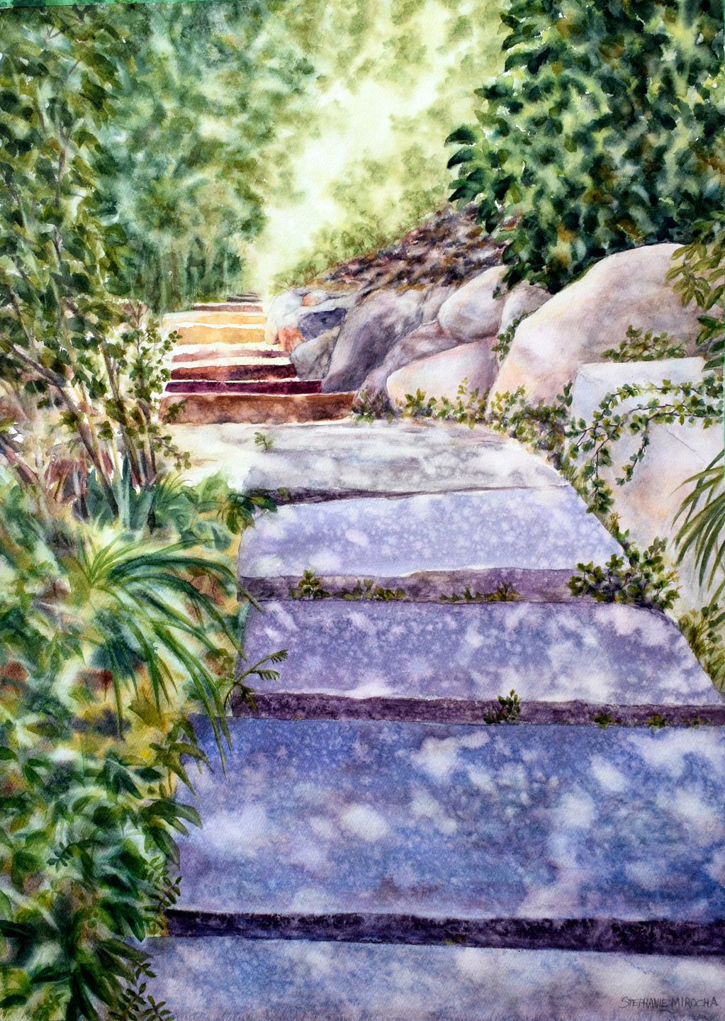 Spohr Garden Steps, from Falmouth, Massachusetts, area nature garden preserve, original watercolor.