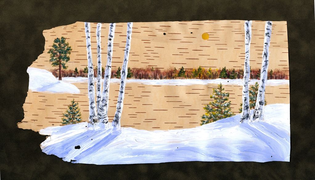 Birch Tree Scene, acrylic painting, painted on birch bark piece and mounted for display, framed.