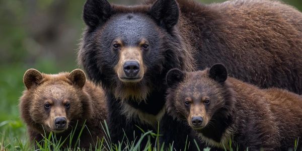 A mother bear with two cubs standing in the grass.
