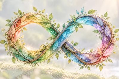 Infinity symbol made of colorful leaves and branches.