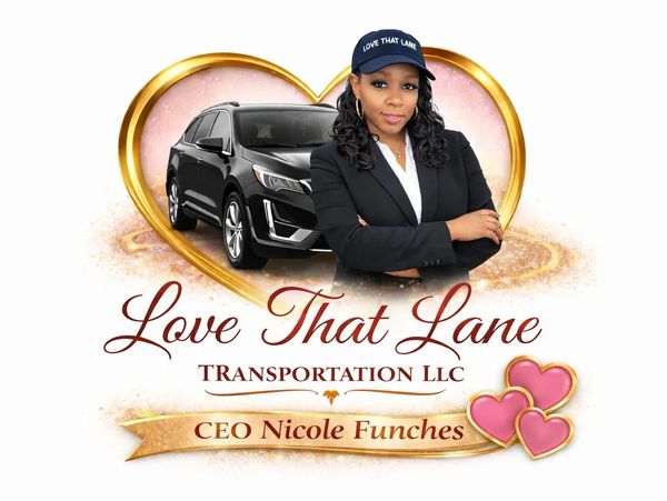 CEO Nicole Funches promotes Love That Lane Transportation LLC with confidence and a sleek black vehicle.