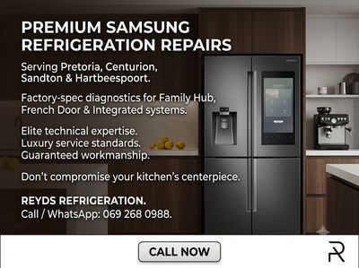 Ad for premium Samsung refrigeration repairs with contact info.
