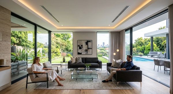 Two people sitting in a modern, bright living room with large windows.