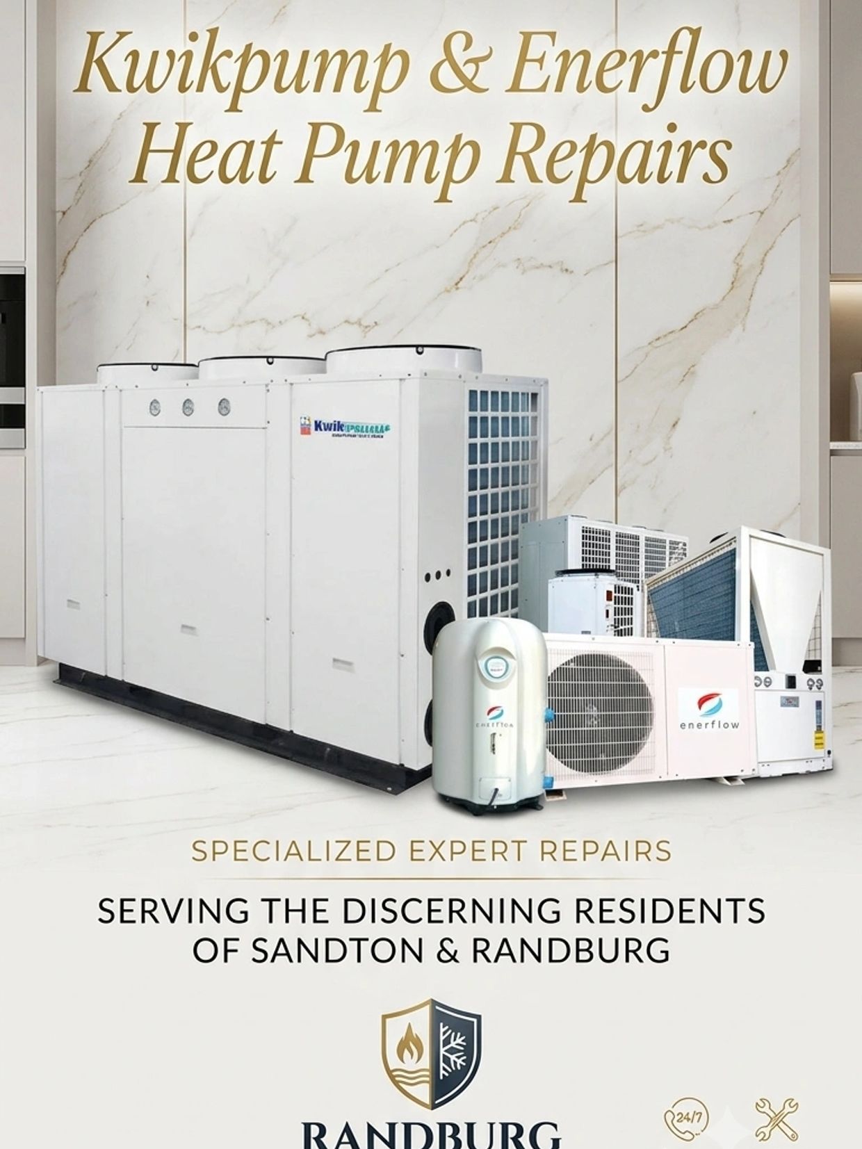 Advertisement for Kwikpump and Enerflow heat pump repairs.