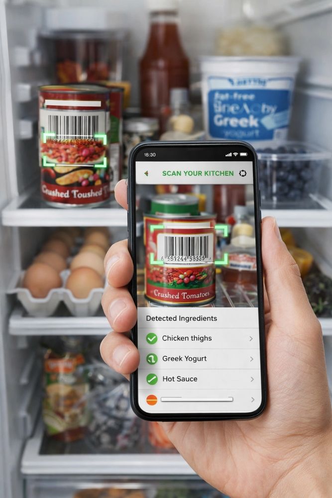 Smartphone app scanning kitchen ingredients inside a fridge.