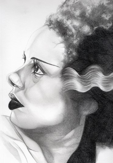 comic art inspired portrait art of the Bride Of Frankenstein drawn in pencils by Jessica archer