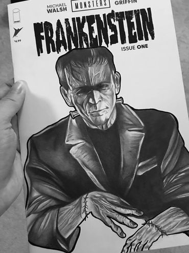 pencil drawing portrait art on new sketch covers of frankenstien sold out at Gotham central comics