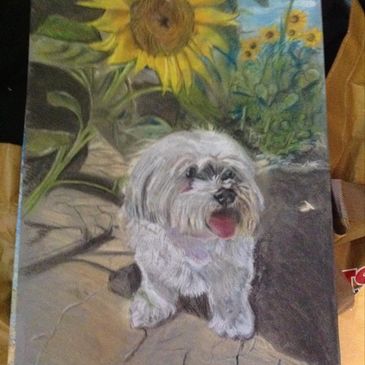 Pet portrait of a little white dog drawn in front of a large sunflower. 