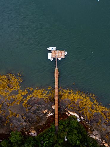 A pier with floating docks and boats in midcoast Maine
