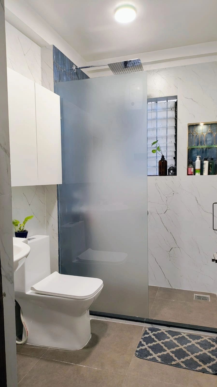 Modern bathroom with frosted glass shower partition and white fixtures.