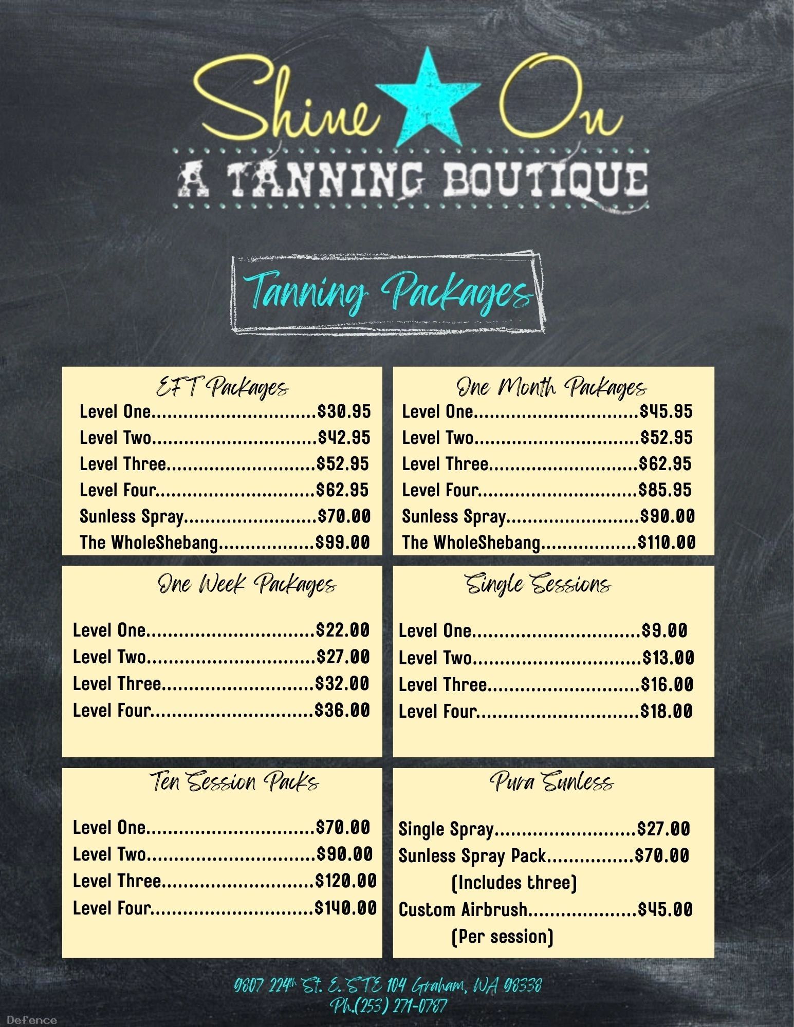 Tanning packages and pricing menu from Shine On tanning boutique.