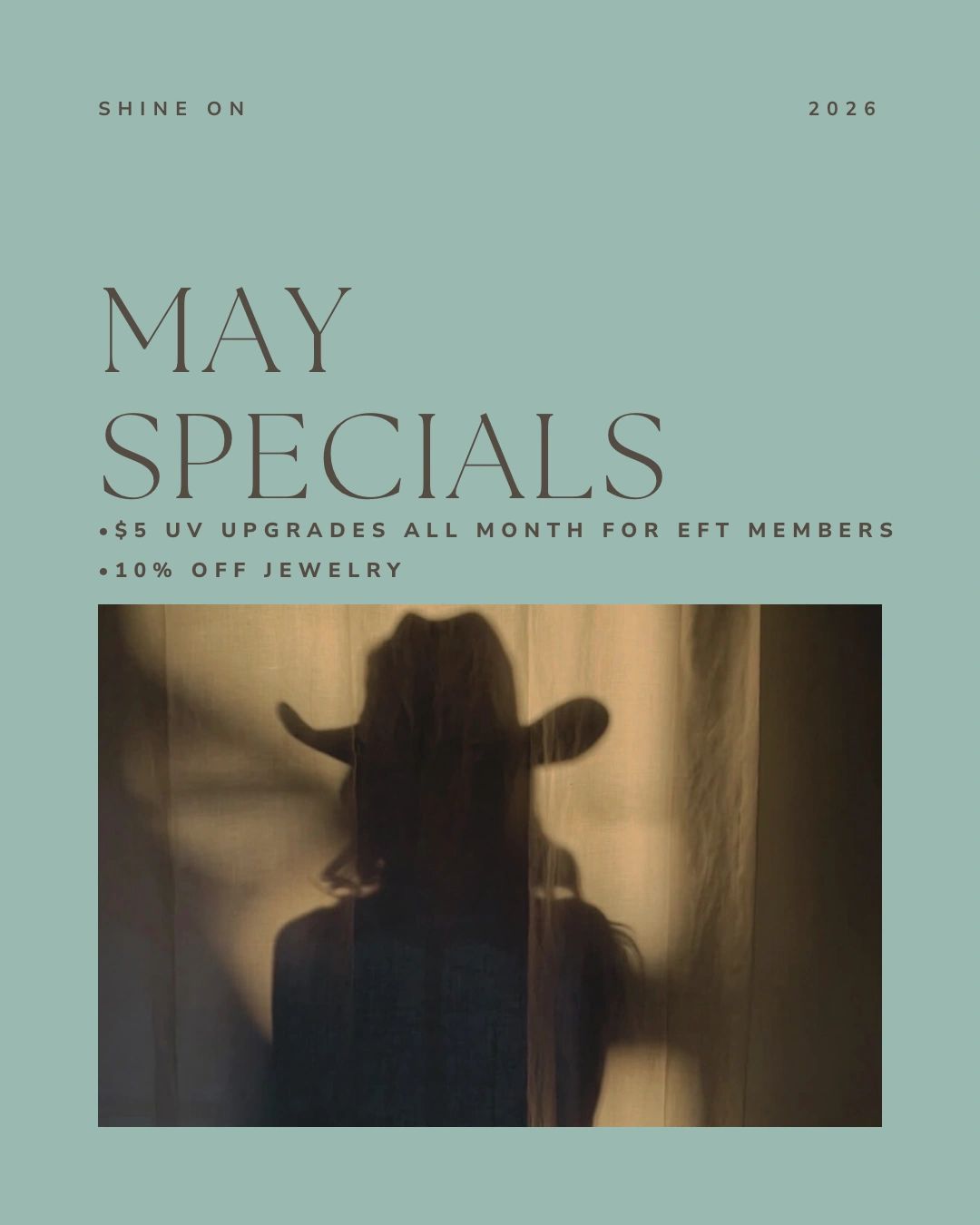 May specials promotion with shadow of person wearing a cowboy hat.