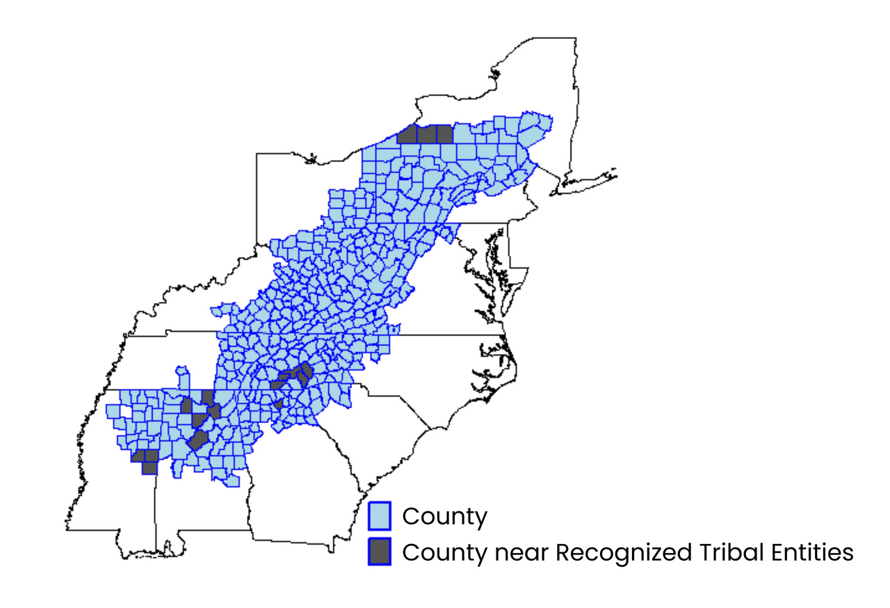 Map of Appalachian counties and Appalachian counties near recognized tribal entities based on the Appalachian Regional Commission definition of Appalachia