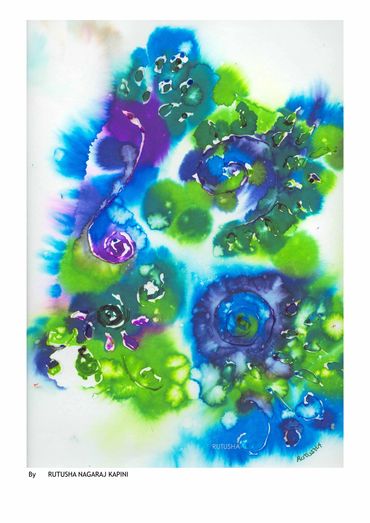 Abstract watercolor painting with vibrant blues, greens, and purples.