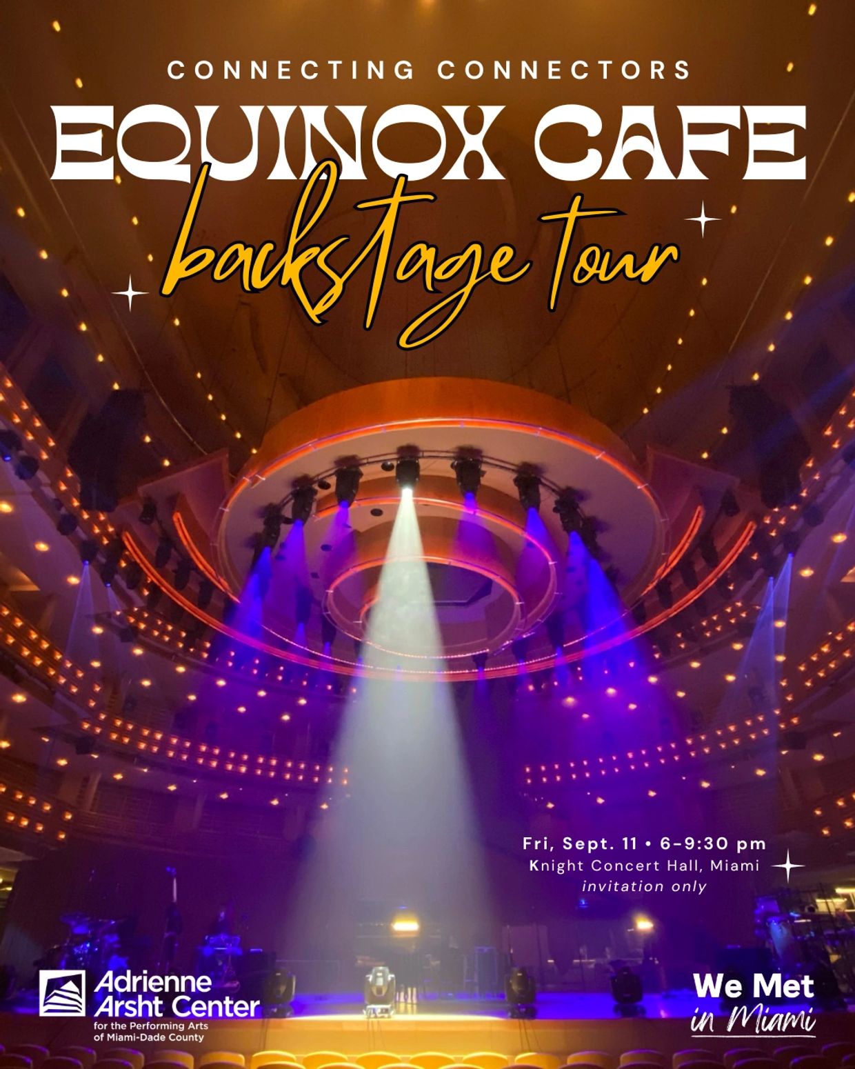 Equinox Cafe backstage tour announcement at Knight Concert Hall.