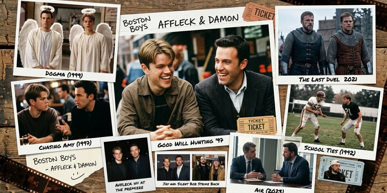 Collage of Affleck and Damon in various movies from 1992 to 2023.