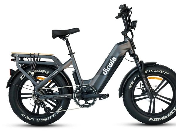 Black electric bike with thick tires and rear rack.