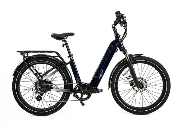 Electric bike with a step-through frame and large tires.