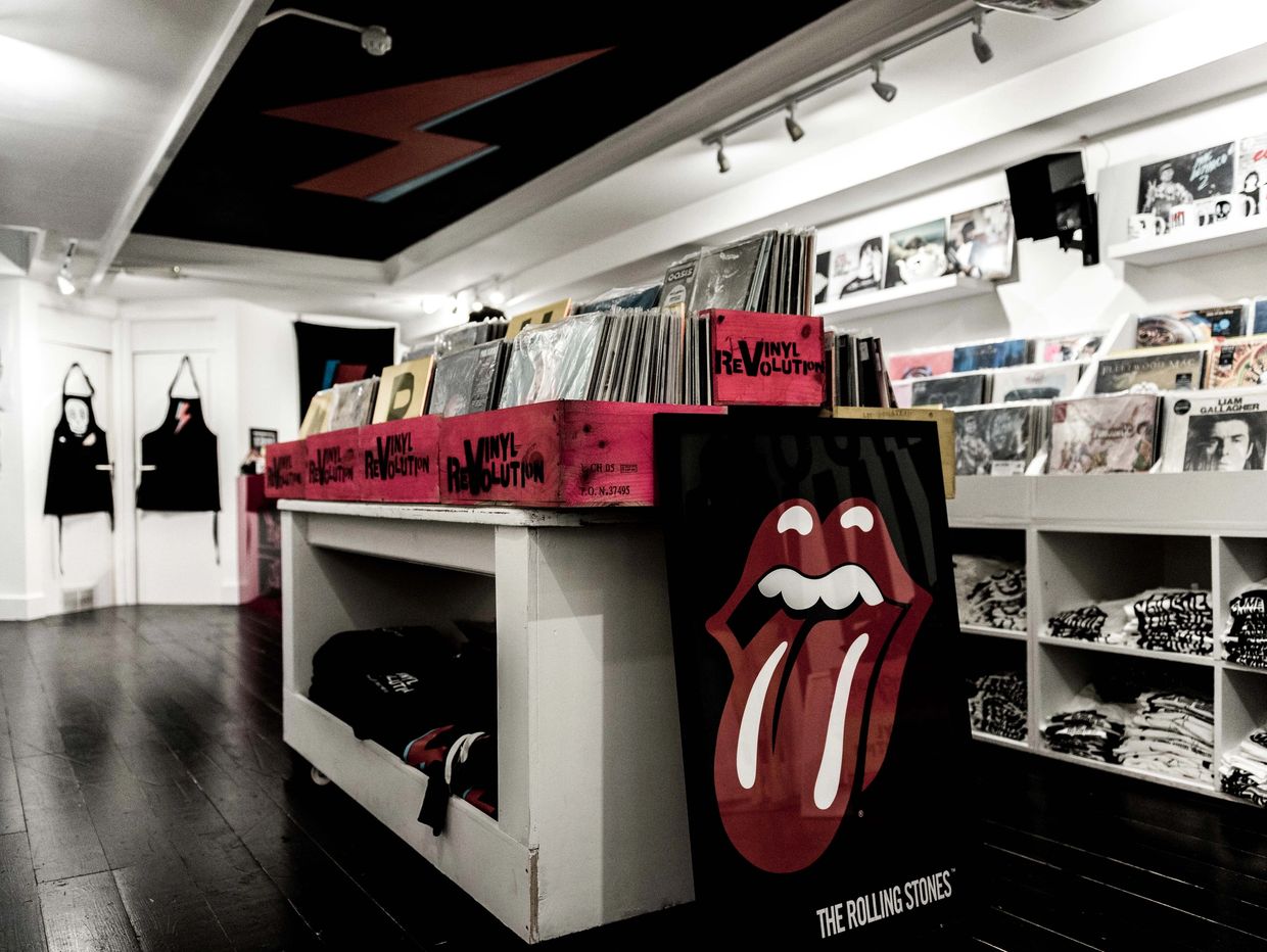 BRecord store, with iconic lips poster of The Rolling Stones, Vinyl store interior promo photography