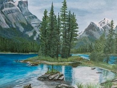 This is my original art painting of Maligne Lake Spirit Island located in Jasper, Alberta Canada. Pa