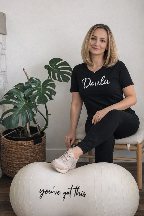 Professional birth doula sitting on a birthing ball in a calm, modern space
