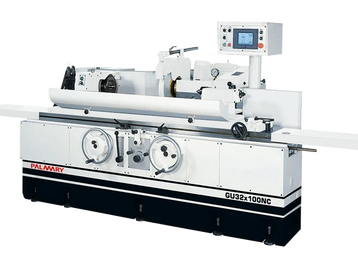 Industrial cylindrical grinding machine with control panel and hand wheels.