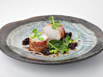 Elegant gourmet dish with rolled meat and fresh greens on a ceramic plate.