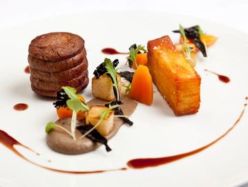 Gourmet dish with seared meat, vegetables, and artistic sauce presentation.