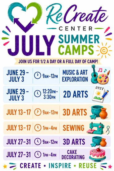 Colorful flyer for July summer camps offering music, arts, sewing, and cake decorating.