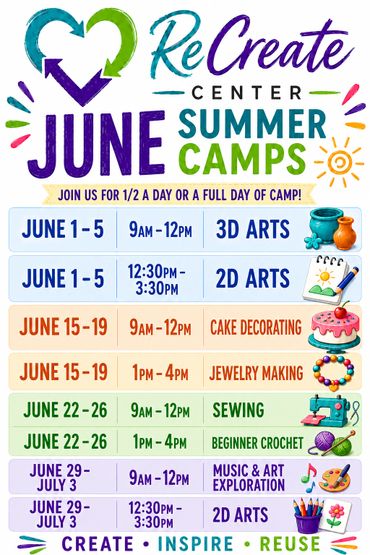 Colorful flyer for ReCreate Center June summer camps with art and craft activities.