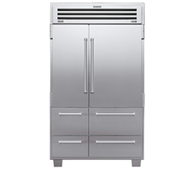 Stainless steel double-door refrigerator with freezer drawers.