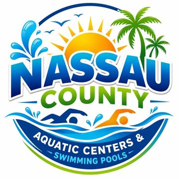 Vibrant logo for Nassau County Aquatic Centers featuring sun, palm tree, and swimmers.